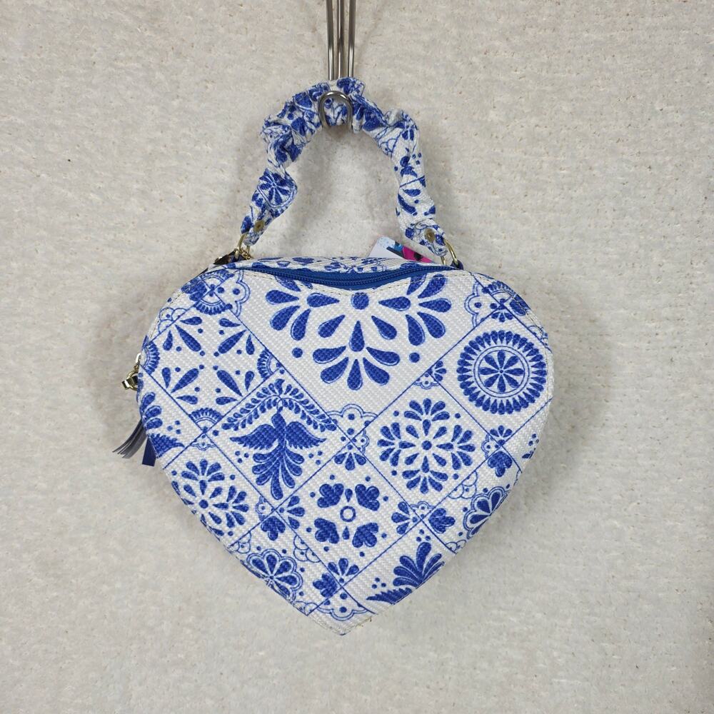 Talavera White and Blue Heart Shaped Jute Fabric Crossbody Handbag